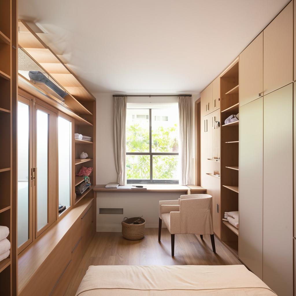 Spacious bedroom featuring an attached bathroom, vast storage, a dressing table near the bed, a wardrobe with a shoe organizer, a window seat with under-bench shelves, plus a clever storage area for daily items with an under-set extendable study table.