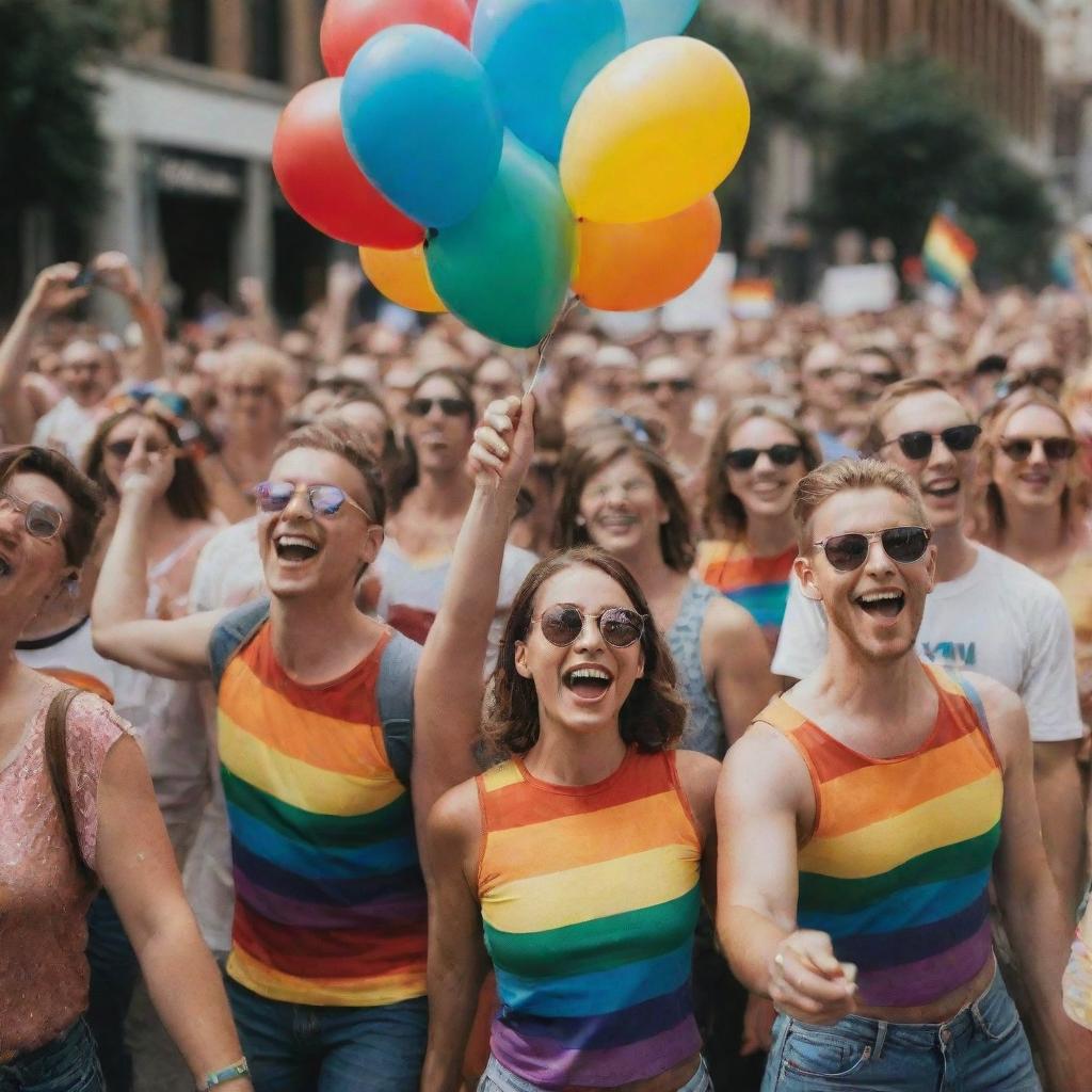 A vibrant pride parade with rainbows, balloons, and joyful people celebrating love and unity