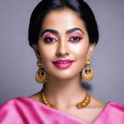 Generate an image of a Bengali lady wearing pink glossy lipstick