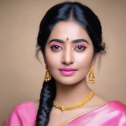 Generate an image of a Bengali lady wearing pink glossy lipstick