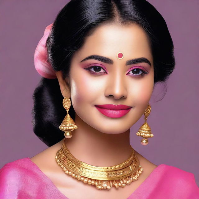 Generate an image of a Bengali lady wearing pink glossy lipstick