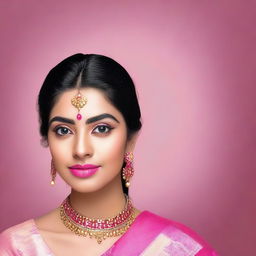 Generate an image of a Bengali lady wearing pink glossy lipstick