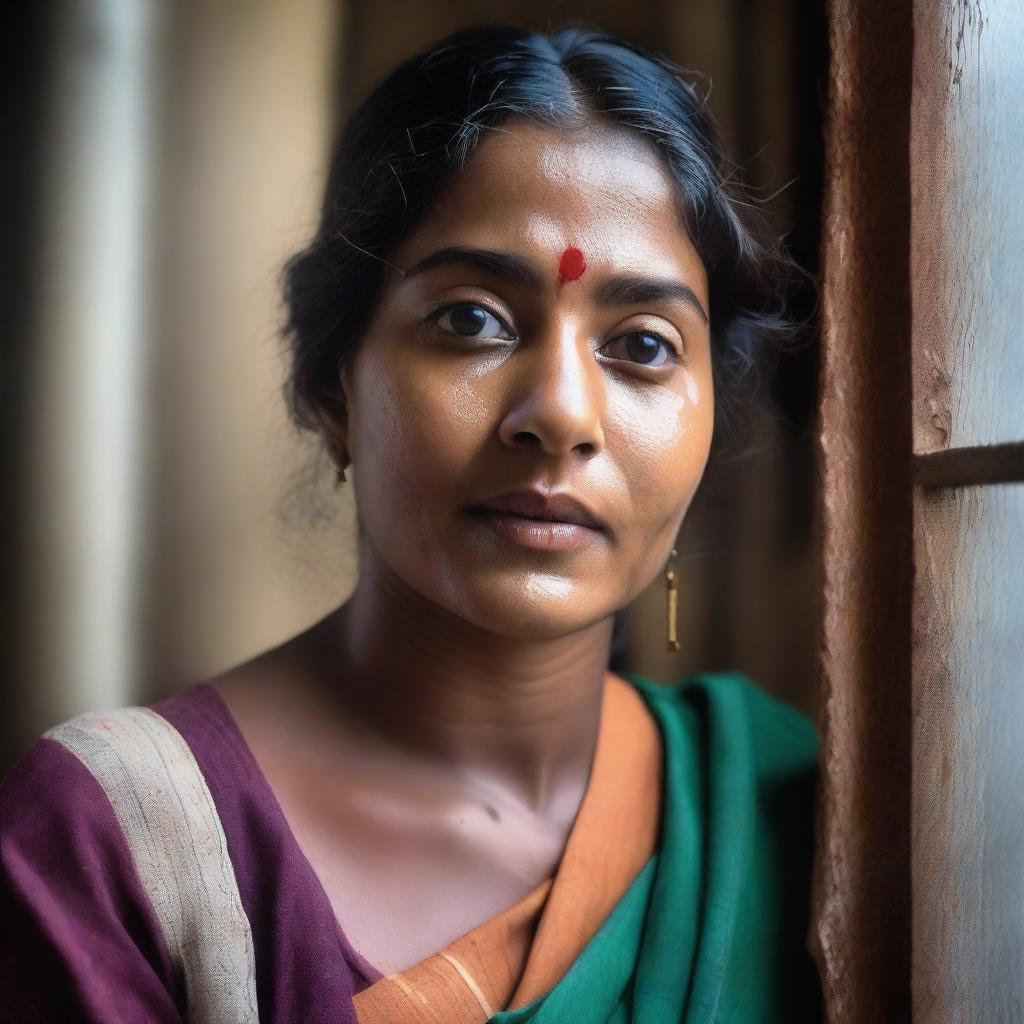 Generate an image of a Bengali lady appearing to be warm or hot, possibly due to weather or physical exertion, spitting on a window