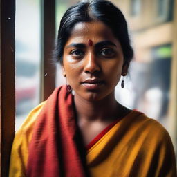 Generate an image of a Bengali lady appearing to be warm or hot, possibly due to weather or physical exertion, spitting on a window