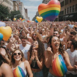 A vibrant pride parade with rainbows, balloons, and joyful people celebrating love and unity