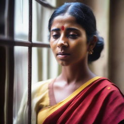 Generate an image of a Bengali lady appearing to be warm or hot, possibly due to weather or physical exertion, spitting on a window
