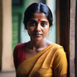 Generate an image of a Bengali lady appearing to be warm or hot, possibly due to weather or physical exertion, spitting on a window