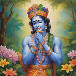 A colorful illustration of Lord Krishna in vibrant traditional clothing, playing the flute in a serene and lush Vrindavan setting.