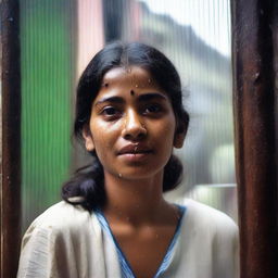 Generate an image of a young Bengali woman, who seems to be hot or warm, possibly due to weather or physical exertion, spitting on a window grill