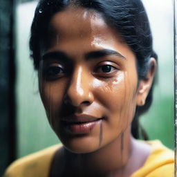 Generate an image of a young Bengali woman, who seems to be hot or warm, possibly due to weather or physical exertion, spitting on a window grill