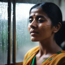 Generate an image of a young Bengali woman, who seems to be hot or warm, possibly due to weather or physical exertion, spitting on a window grill