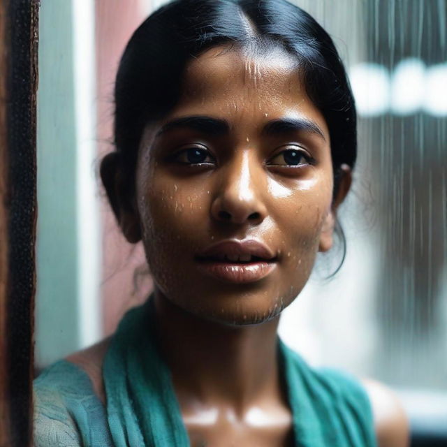 Generate an image of a young Bengali woman, who seems to be hot or warm, possibly due to weather or physical exertion, spitting on a window grill