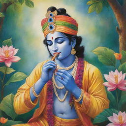 A colorful illustration of Lord Krishna in vibrant traditional clothing, playing the flute in a serene and lush Vrindavan setting.