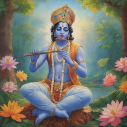 A colorful illustration of Lord Krishna in vibrant traditional clothing, playing the flute in a serene and lush Vrindavan setting.