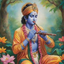 A colorful illustration of Lord Krishna in vibrant traditional clothing, playing the flute in a serene and lush Vrindavan setting.