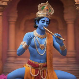 A 3D rendering of Lord Krishna in vibrant attire playing his divine flute, set in the immersive environment of serene Vrindavan.