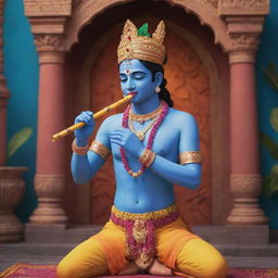 A 3D rendering of Lord Krishna in vibrant attire playing his divine flute, set in the immersive environment of serene Vrindavan.