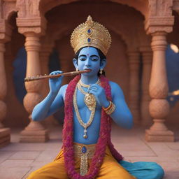 A 3D rendering of Lord Krishna in vibrant attire playing his divine flute, set in the immersive environment of serene Vrindavan.