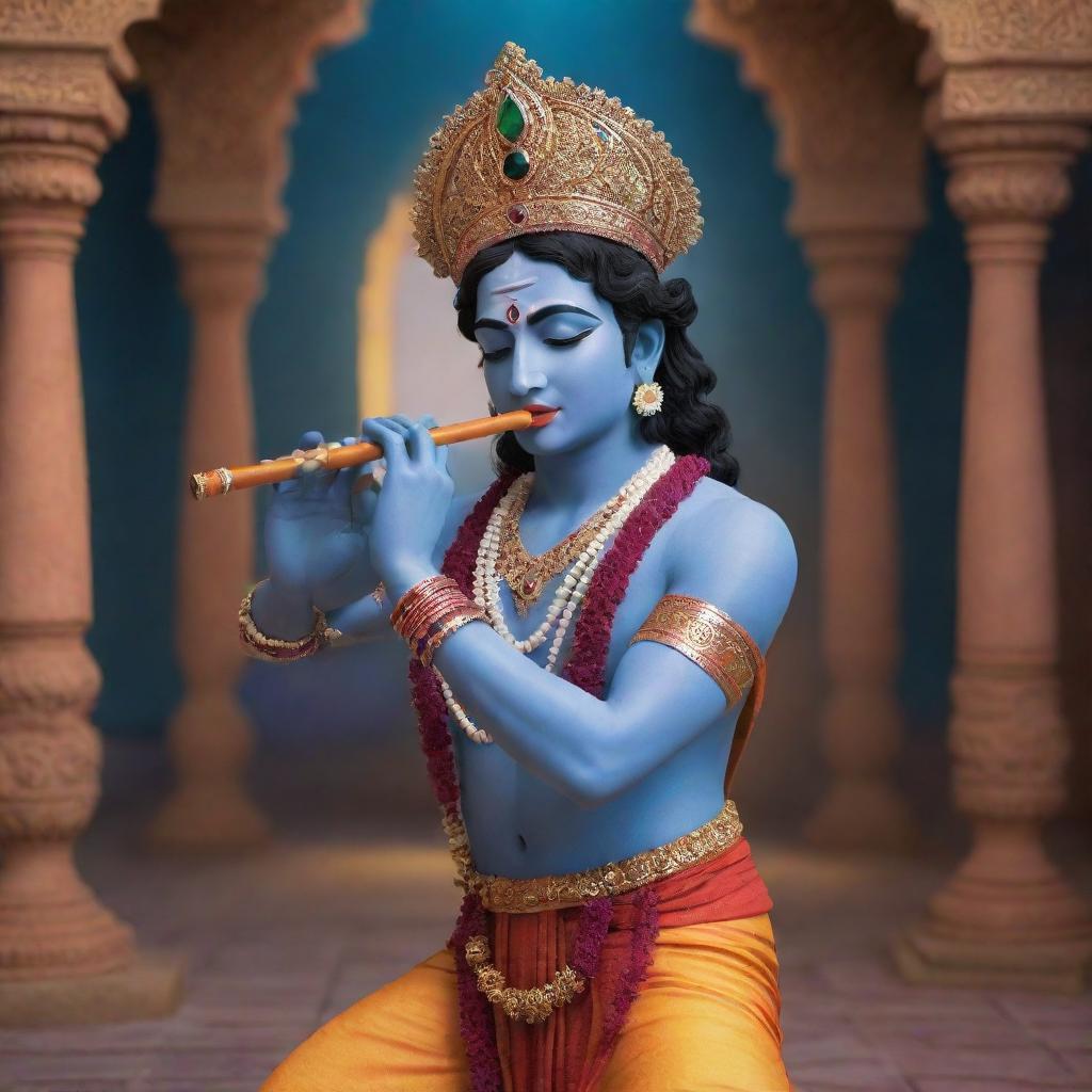 A 3D rendering of Lord Krishna in vibrant attire playing his divine flute, set in the immersive environment of serene Vrindavan.