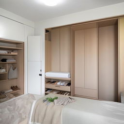 Spacious bedroom featuring an attached bathroom, vast storage, a dressing table near the bed, a wardrobe with a shoe organizer, a window seat with under-bench shelves, plus a clever storage area for daily items with an under-set extendable study table.