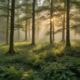 A peaceful, lush, green forest shimmering with morning dew and the breaking dawn casting a golden hue upon the landscape