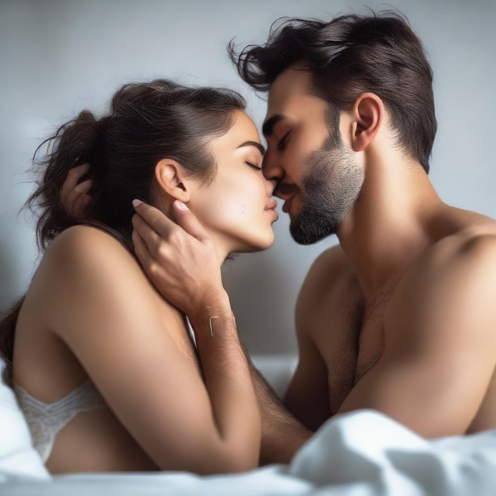 A young woman and a man are intimately hugging and kissing on a bed