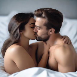 A young woman and a man are intimately hugging and kissing on a bed