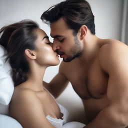 A young woman and a man are intimately hugging and kissing on a bed