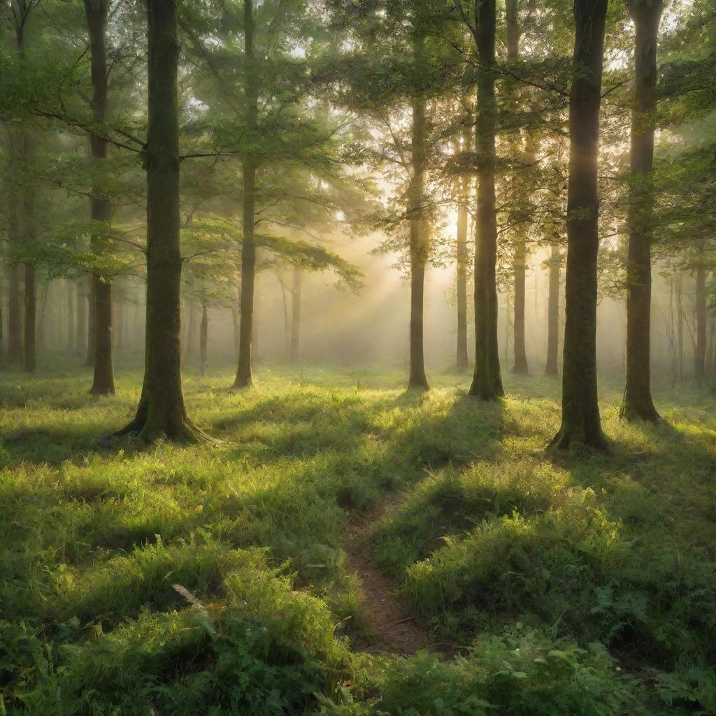 A peaceful, lush, green forest shimmering with morning dew and the breaking dawn casting a golden hue upon the landscape