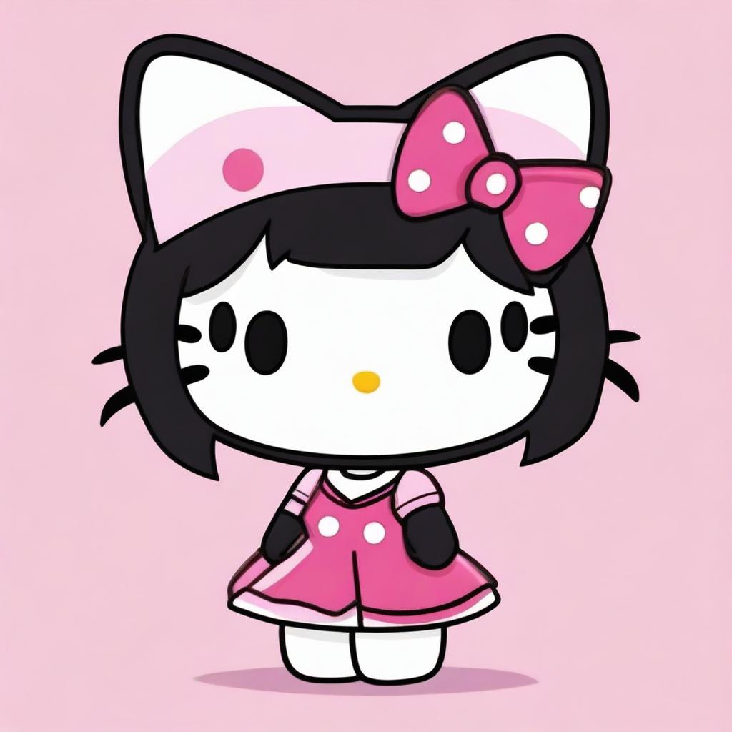 Generate an image of Hello Kitty with black hair, maintaining the iconic and cute design of the character but with a twist of having black hair instead of her usual bow