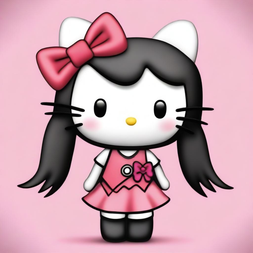 Generate an image of Hello Kitty with black hair, maintaining the iconic and cute design of the character but with a twist of having black hair instead of her usual bow