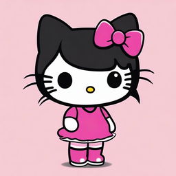 Generate an image of Hello Kitty with black hair, maintaining the iconic and cute design of the character but with a twist of having black hair instead of her usual bow