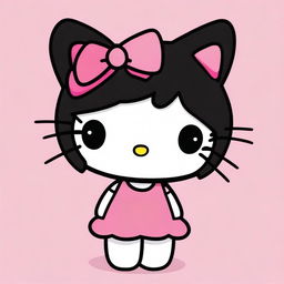 Generate an image of Hello Kitty with black hair, maintaining the iconic and cute design of the character but with a twist of having black hair instead of her usual bow