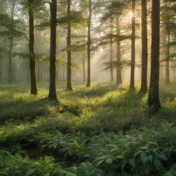 A peaceful, lush, green forest shimmering with morning dew and the breaking dawn casting a golden hue upon the landscape