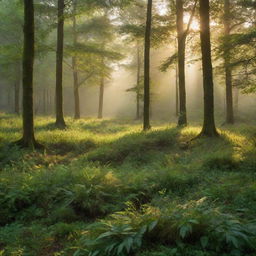 A peaceful, lush, green forest shimmering with morning dew and the breaking dawn casting a golden hue upon the landscape