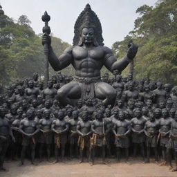 A large group of menacing figures armed with weapons and guns, staring directly at a black stone statue of Hanuman.