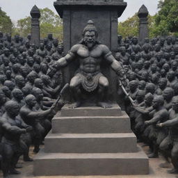 A large group of menacing figures armed with weapons and guns, staring directly at a black stone statue of Hanuman.