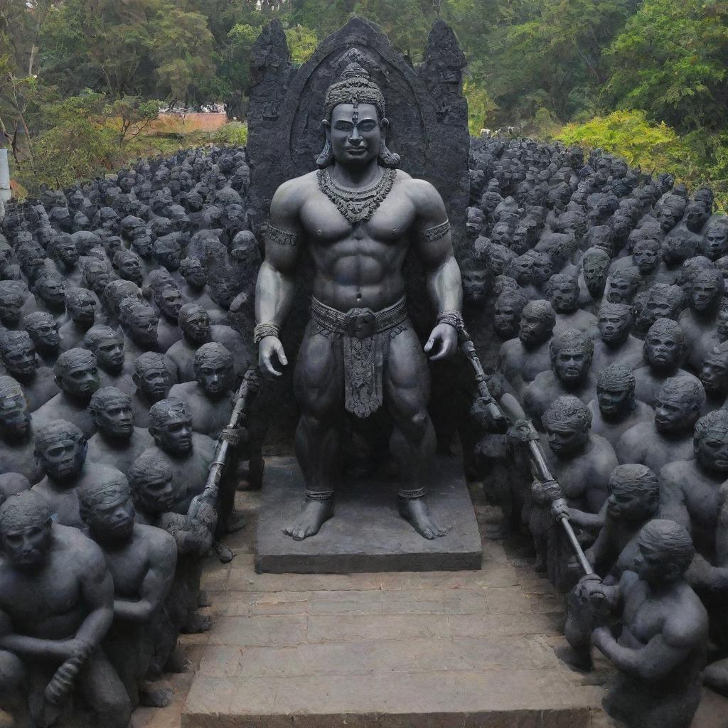 A large group of menacing figures armed with weapons and guns, staring directly at a black stone statue of Hanuman.