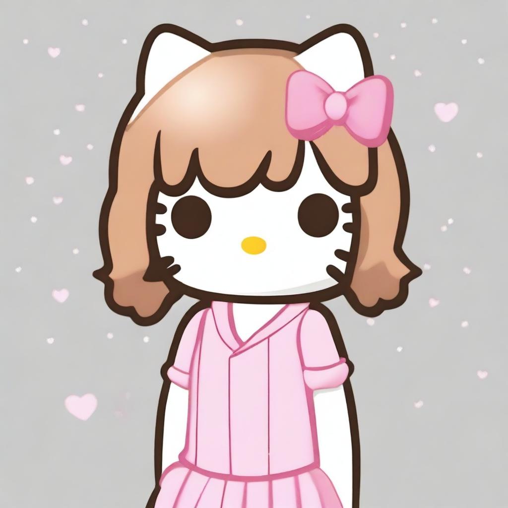 Create an image of Hello Kitty with shoulder-length brown hair that has blonde highlights.