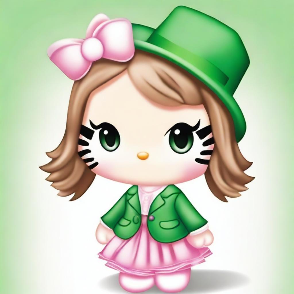 A charming illustration of Hello Kitty with light brown hair and green eyes