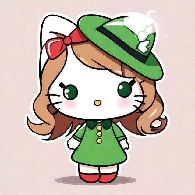 A charming illustration of Hello Kitty with light brown hair and green eyes