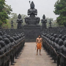 A large group of menacing figures armed with weapons and guns, staring directly at a black stone statue of Hanuman.