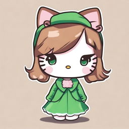 A charming illustration of Hello Kitty with light brown hair and green eyes