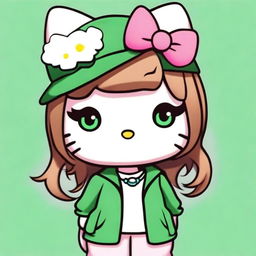 A charming illustration of Hello Kitty with light brown hair and green eyes