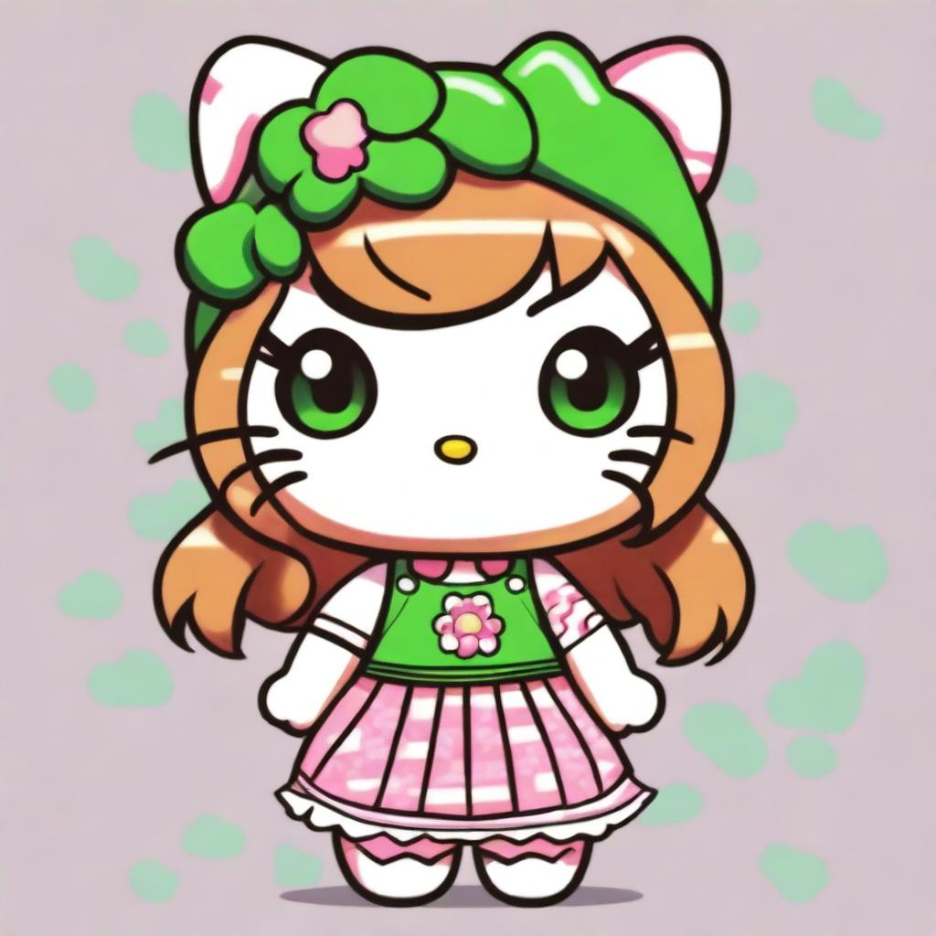 Hello Kitty with light brown hair and green eyes, depicted in a Y2K aesthetic