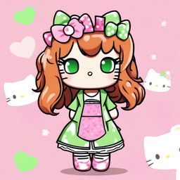 Hello Kitty with light brown hair and green eyes, depicted in a Y2K aesthetic