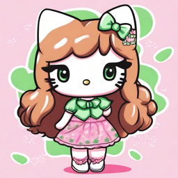 Hello Kitty with light brown hair and green eyes, depicted in a Y2K aesthetic