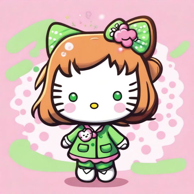 Hello Kitty with light brown hair and green eyes, depicted in a Y2K aesthetic