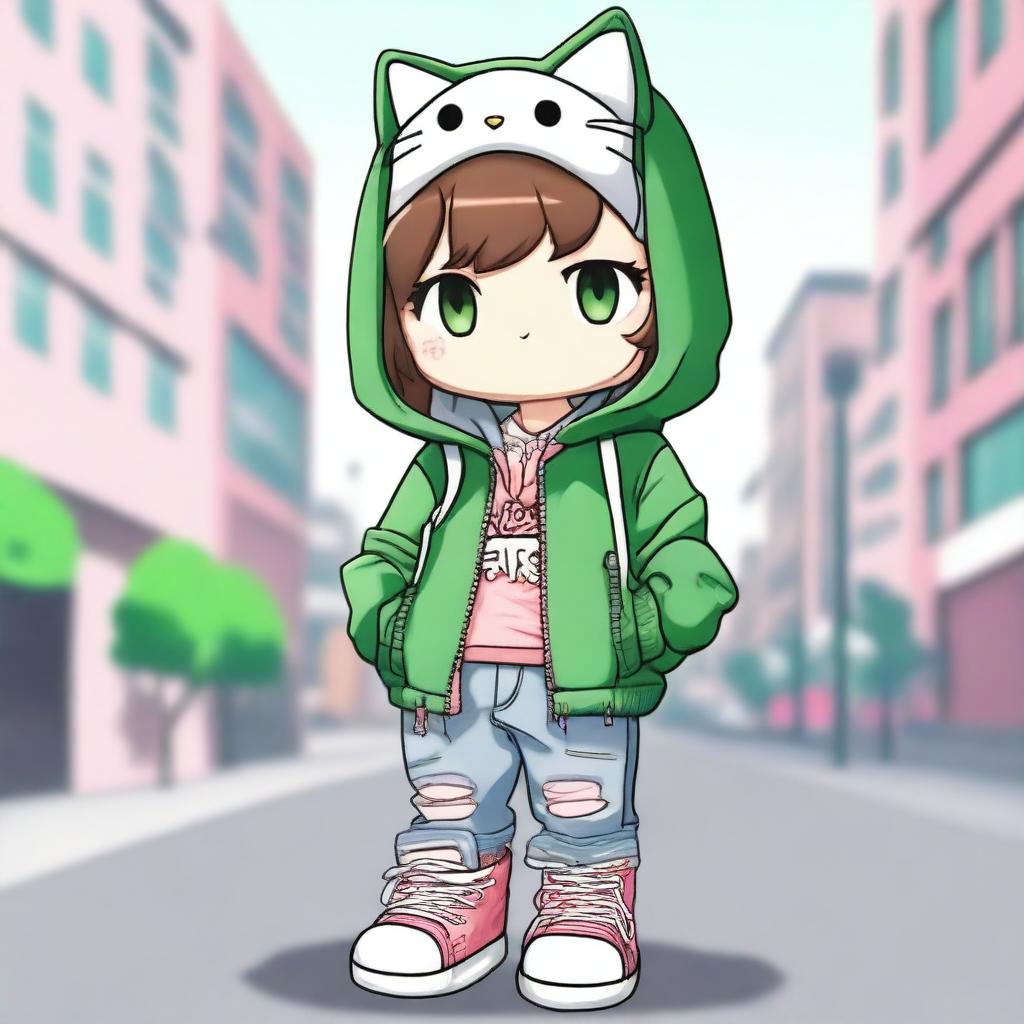 Hello Kitty with light brown hair and green eyes, dressed in urban style clothing