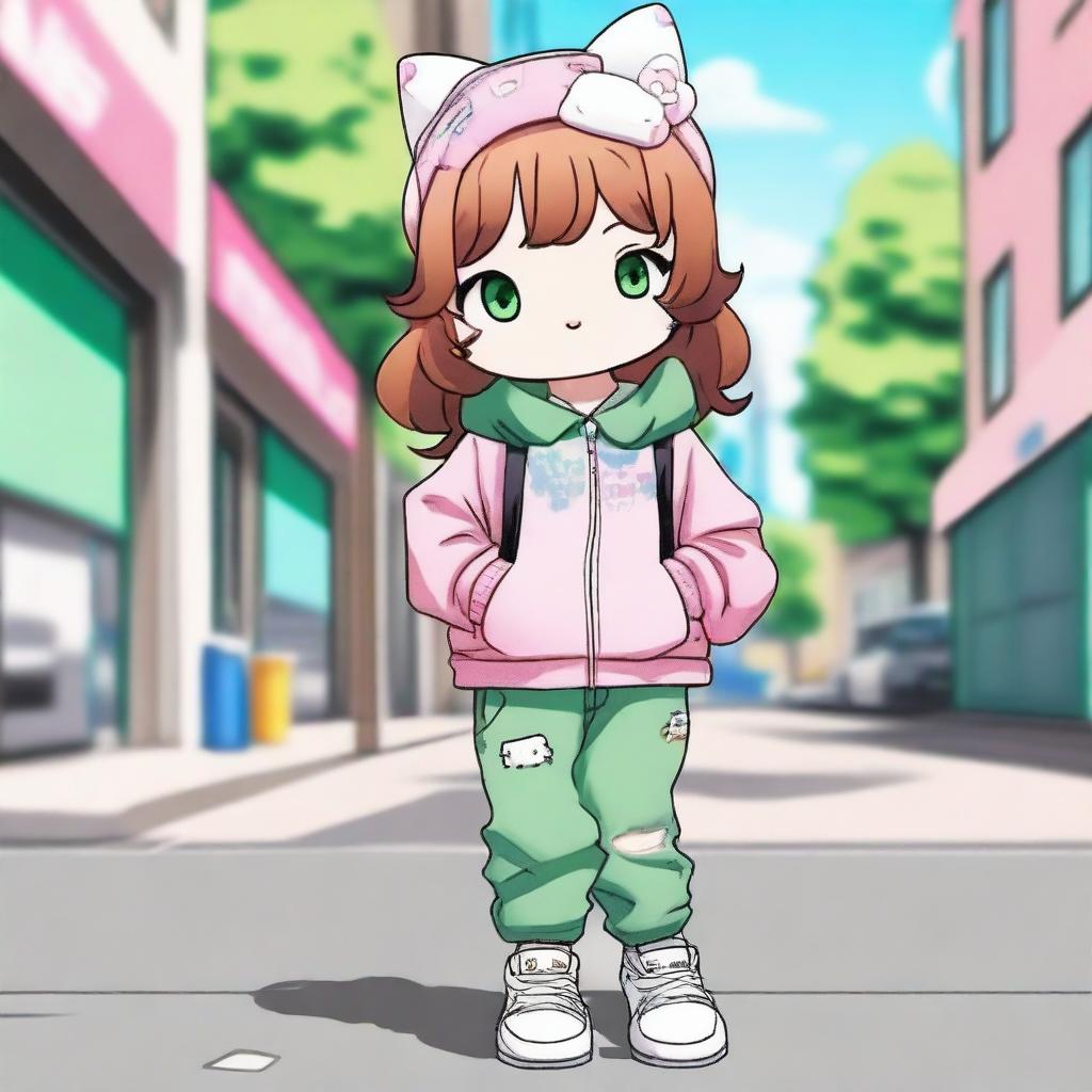 Hello Kitty with light brown hair and green eyes, dressed in urban style clothing